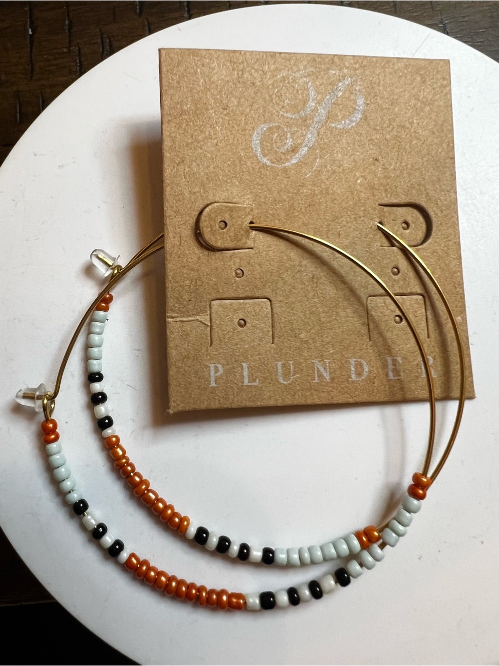Plunder Gold Hoop Earrings with Orange, White & Black Beads